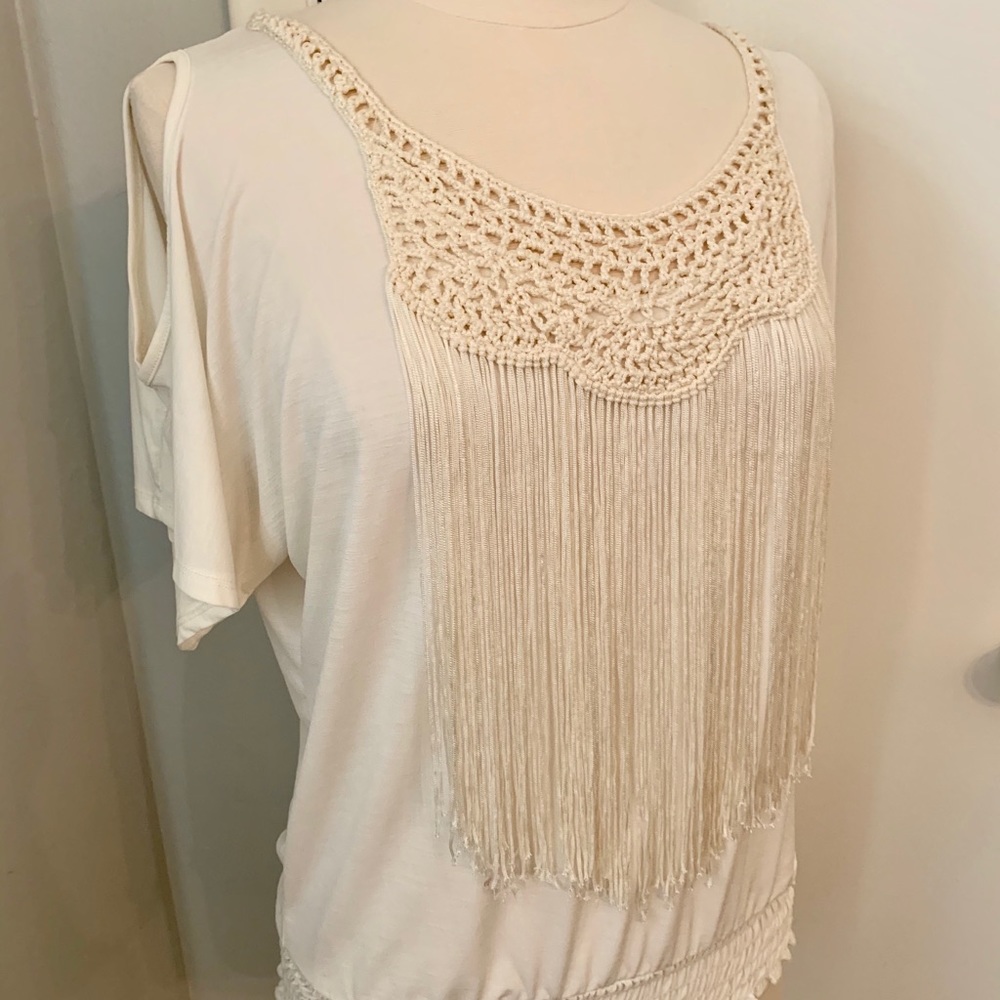 Women’s Small Fringe Blouse Cream Cowgirl Western Chic Festival tassels top - Picture 8 of 11